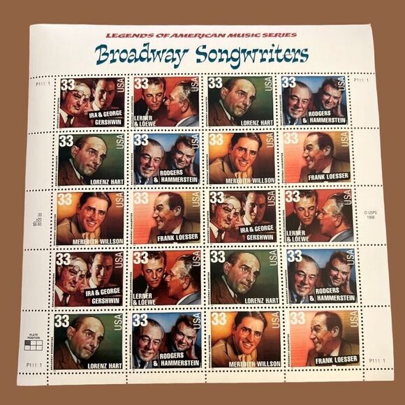 US Stamp - 1999 Broadway Songwriters - 20 33c Stamp Sheet - Scott #3345-50 - Picture 1 of 2